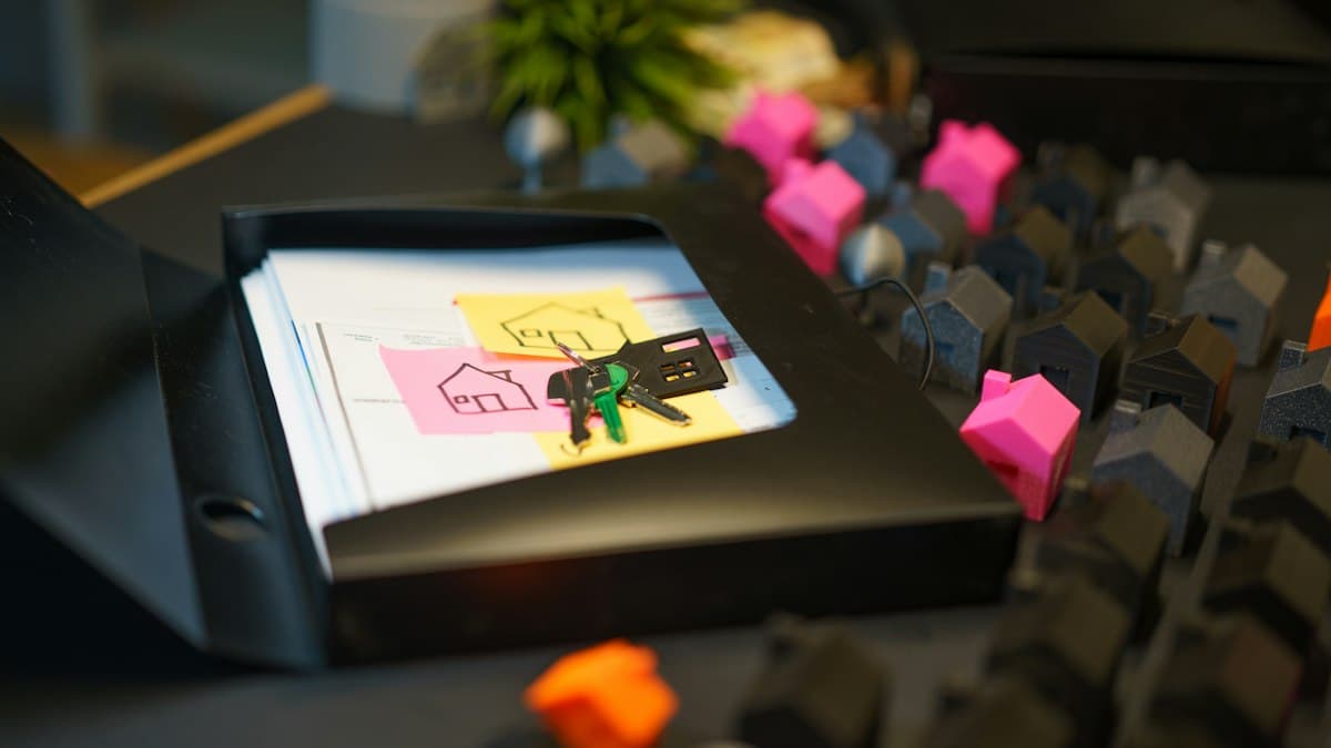 A black document folder with papers, sticky notes and a set of house keys on a desk