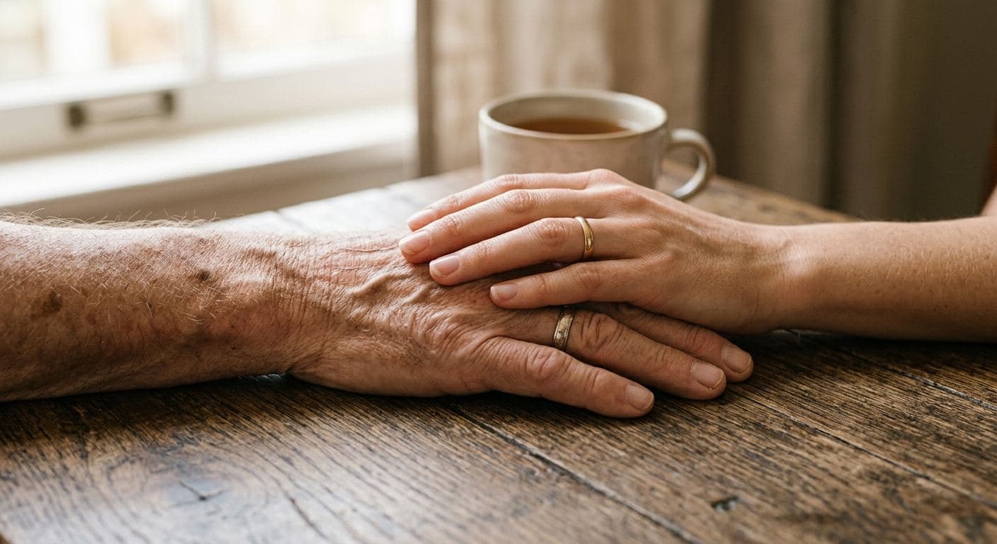 An older hand and a younger hand resting together on a wooden table