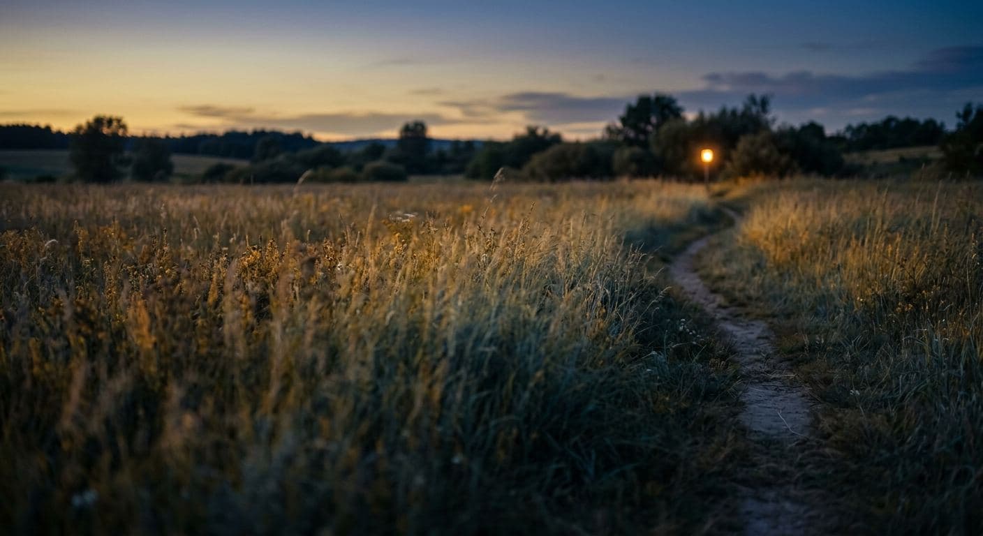 A quiet path through a field leading toward a distant light at dusk
